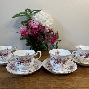 Royal Albert Lavender Rose Teacup and Saucer Set of 4 Vintage Bone China Floral‎